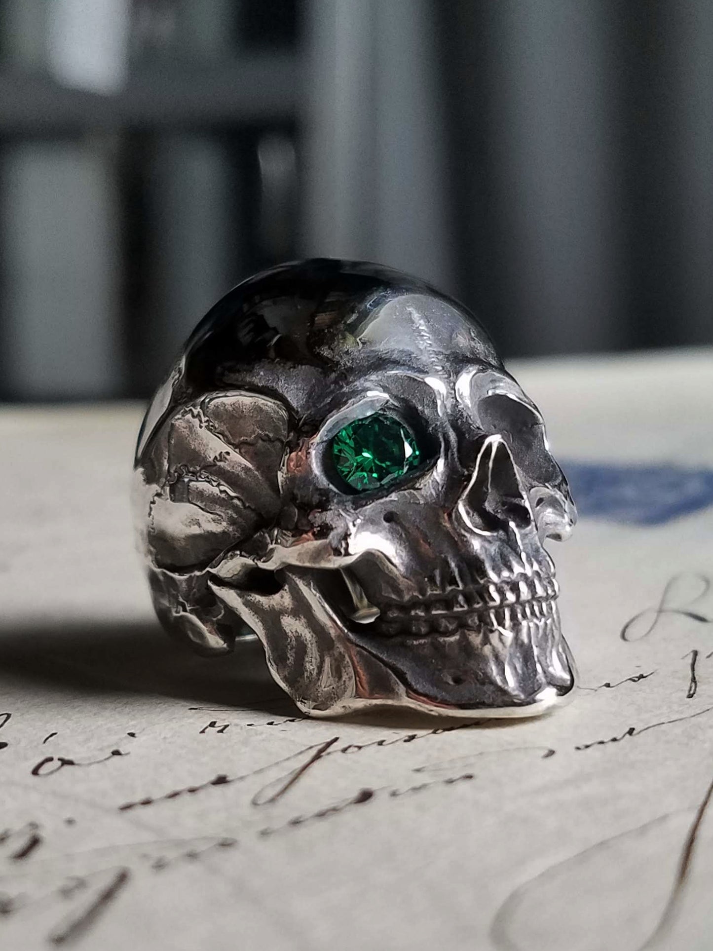 QSO057 Large Thanatos Ring 2 Green Stone Custom